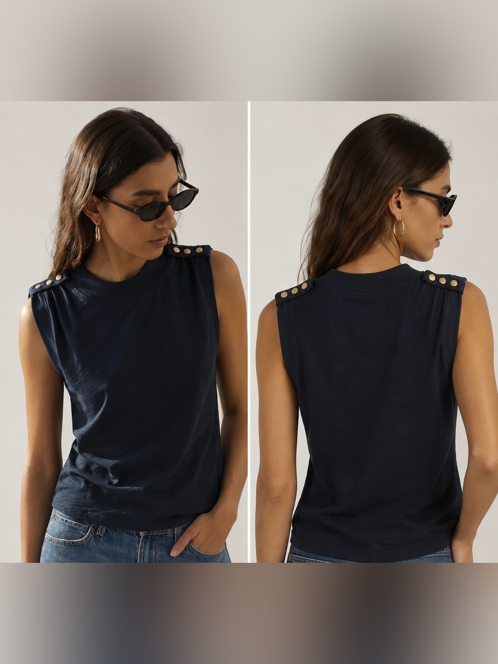 Nation LTD Sleeveless Navy Button-Shoulder Top